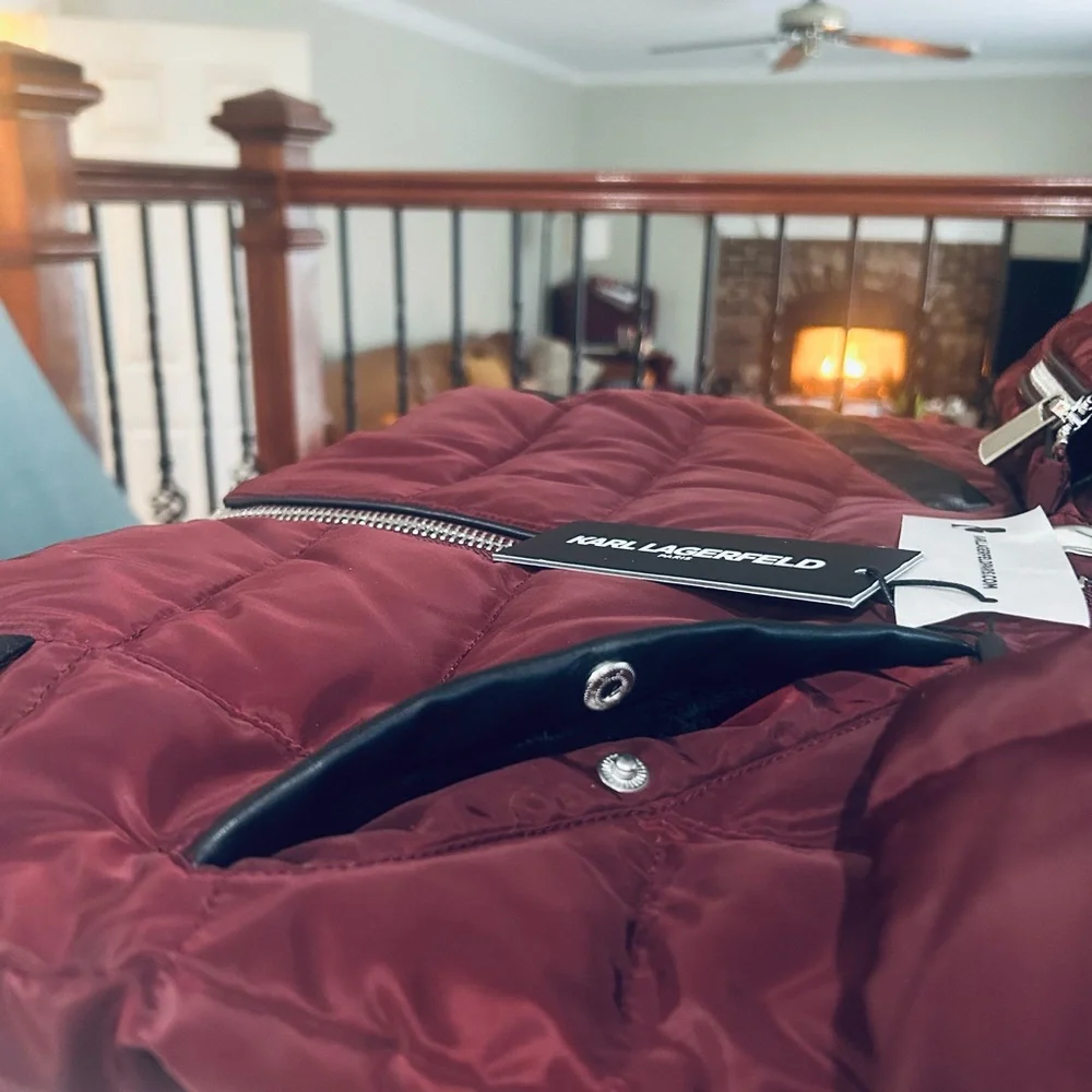 Karl Lagerfeld Paris Faux Fur Collar Puffer Jacket in Oxblood - Picture 8 of 15